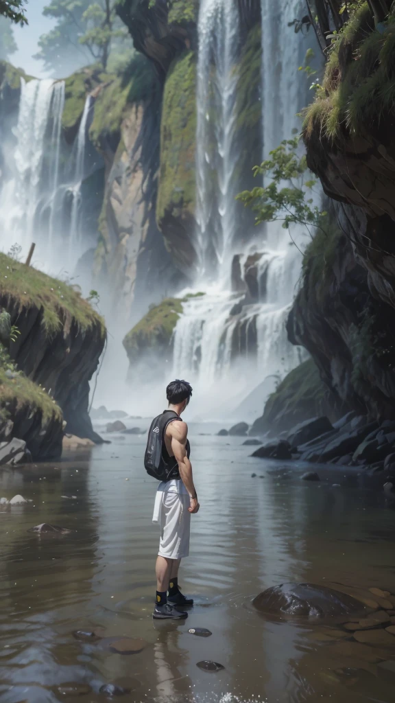 high resolution, ultra realistic and artistic, Contemplative, akira style, person in more modern and elegant attire, most muscular man, bright coloured, wearing no shirt, man and nature, stronger colors, white adidas sneakers 