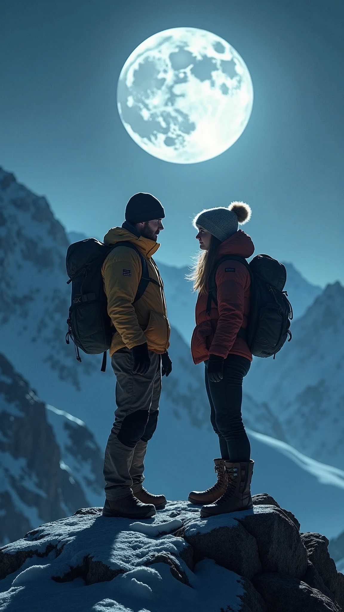 Two people standing under a full moon, one leaning in to whisper a confession, their faces softly illuminated by the moonlight