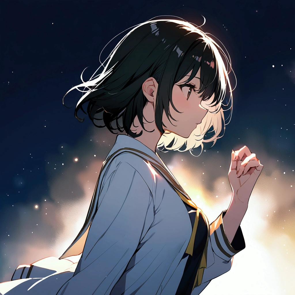 beautiful girl on school uniform short hair side view black hair semi-curl