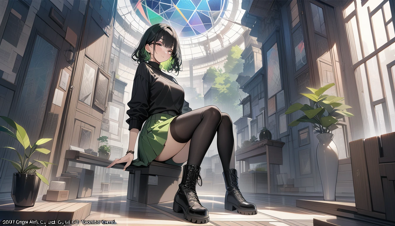 ,mole under eye, (masterpiece, highest quality), official art, beautiful and aesthetic: 1.2), (1 girl), very detailed, (geometry art: 1.3), colorful、black bob hair、 whole body、black jumper、green mini skirt、knee high boots