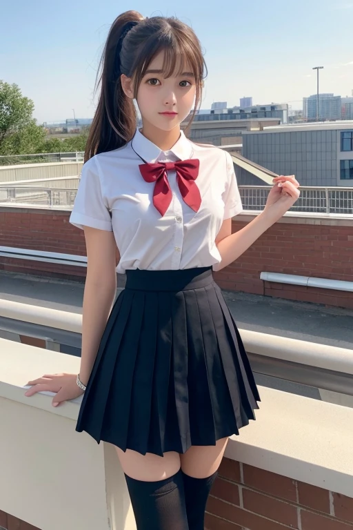 Real、Highest quality、cute、girl、high school student、ponytail、Brown Hair、Beautiful eyes、Beautiful Lips、School rooftop、Pleated skirt、White shirt、Red bow tie、Black knee-high socks、Hands in her skirt、looks comfortable