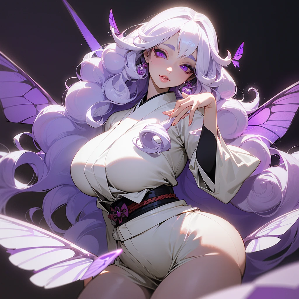 ((ultra quality)), ((masterpiece)), ((devil)), ((yokai)), ((Angelic beauty woman)), ((Purple Moth Wings)), ((huge moth wings)), ((long white curly hair)), ((White hair)), ((White hair)), ((curly hair)), (beautiful face), (beautiful female lips), Enchanting ((Seductive facial expression)), looks at the camera with a slight smile, (White skin color), (White skin), glow on the body, ((detailed eyes)), ((violet eyes)), (juicy female lips), (dark eyeliner), (beautiful female hands), ((thick body)), ideal female body, ((white kimono)), beautiful waist, beautiful big hips, big breasts, thick thighs, ((Subtle and beautiful)) (), ((depth of field)), ((high quality clear image)), (delete details), ((High detail)), ((clear focus))