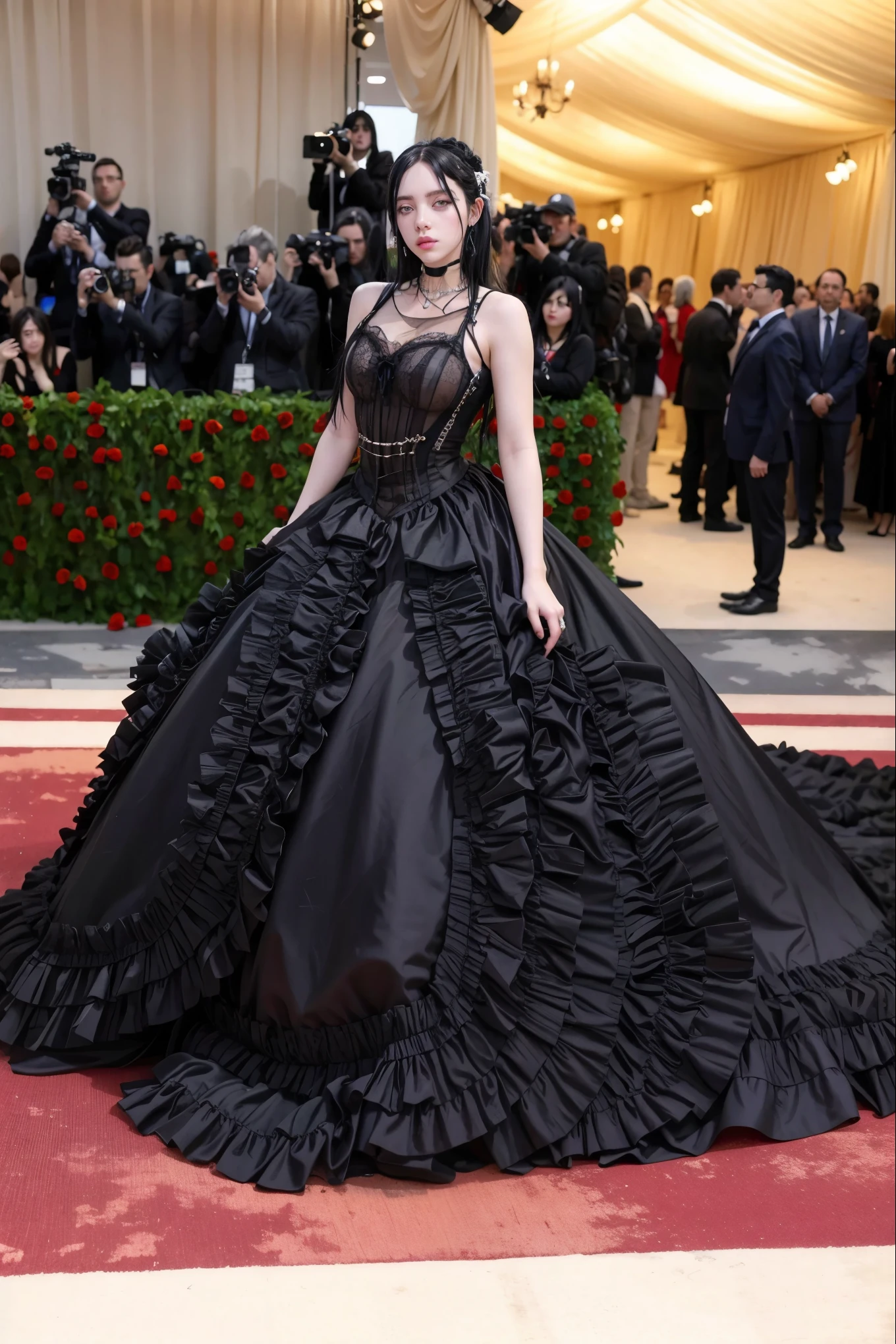 blonde woman with long hair and piercings posing for a photo, with black long hair, with long black hair, perfect white haired girl, ava max, tifa lockhart with black hair, pale porcelain white skin, anime girl in real life,  with black hair, extremely black hair, very black hair, with long black hair, her hair is black