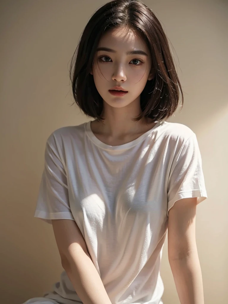 Highest quality、masterpiece、Ultra-high resolution、(Realism:1.4)、1 girl、In a pale background、Deep Shadow、Low Key、Shortcuts、Upper Body、sex appeal、Wearing a T-shirt、Clothes are not see-through、Cosmetic CM