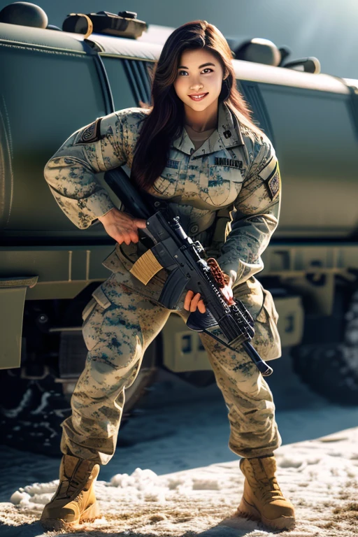 (8K, Raw-Photo, best qualtiy, tmasterpiece:1.2),(realisticlying, photograph realistic:1.4),(Highly detailed CG unity 8k wallpaper),(Round face: 1.5), (detailed pupil:1.3),(Cool Eyes:1.1),(little smile:1.1),(Unforgettable Eyes:1.1),(The eyes are so beautiful:1.1),A young but very beautiful 35-year-old Malay female soldier stands in front of a snowy mountain valley ,K2 rifle in hand,Clothed U.S. Marine Corps Uniform, strong muscles,Marine Girl, assault rifle, (holding rifle: 1.3), (Aim and hold the rifle...: 1.3),navels, glove, Ripped military pants,