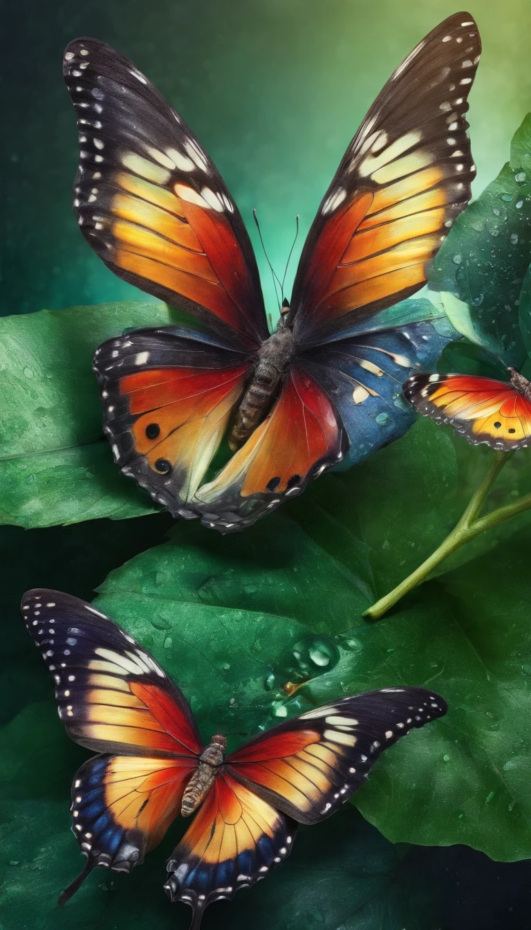 colorful beautiful butterflies on leaves, dew, morning atmosphere