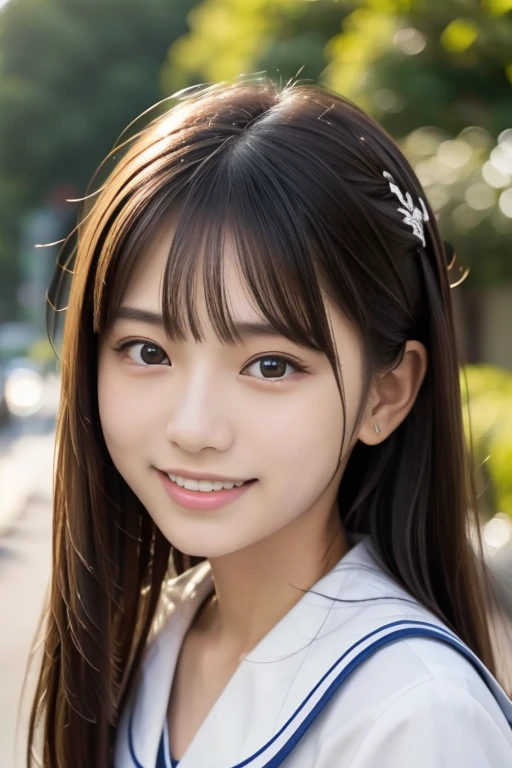 ((Cute 15 year old Japanese))、on the road、Highly detailed face、Pay attention to the details、double eyelid、Beautiful thin nose、Sharp focus:1.2、Beautiful woman:1.4、Cute Hairstyles、Pure white skin、Highest quality、masterpiece、Ultra-high resolution、(Realistic:1.4)、Highly detailed and professional lighting、nice smile、Japanese school girl uniform


