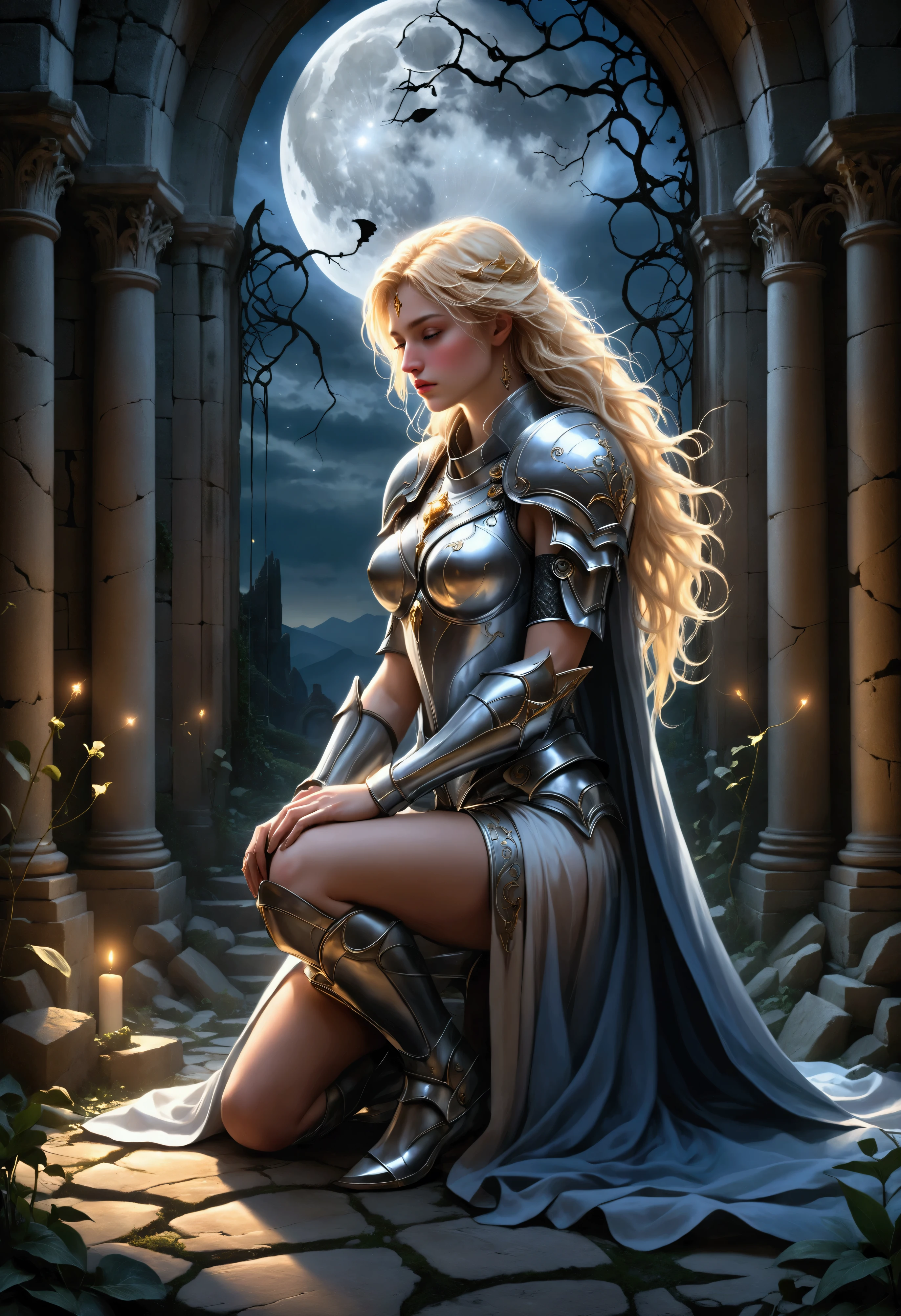 Create a breathtaking, ultra-high-definition image in 16K resolution that captures the ethereal and dark fantasy essence of a solemn confession scene. | Visualize a stunning female paladin with flowing blonde hair and a fair complexion, confessing at the ruins of a chapel bathed in visible moonlight with a Tyndall effect. Each element should be portrayed with meticulous attention to detail. | The paladin, adorned in a beautifully crafted silver and gold armor with intricate engravings, kneels with her head bowed, her expression a mix of sorrow and resolve. Her armor gleams softly in the moonlight, highlighting her strength and grace. She has a flowing white cloak that drapes elegantly around her. | The chapel, now in ruins, shows remnants of its grand arches and shattered stained glass windows, with moonlight streaming through the gaps and creating visible rays (Tyndall effect) that illuminate the scene. The floor is littered with broken stones and overgrown with dark, twisted vines, adding to the dark fantasy atmosphere. | The background features a simple, yet hauntingly magical setting with soft, glowing lights and ethereal mist swirling around. The sky is a gradient of deep blues and blacks, with a full moon casting an eerie glow over the landscape. | The composition should evoke a sense of melancholy and reverence, with vibrant colors and rich details, creating depth and immersion in this dark fantasy world. The image should capture every nuance of the paladin, her armor, and the ruined chapel, highlighting their unique characteristics while maintaining a cohesive and visually stunning presentation. | Keywords: (beautiful paladin:1.3), ((blonde hair)), ((confession)), ((ruined chapel)), ((moonlit Tyndall effect)), ((dark fantasy setting)).
