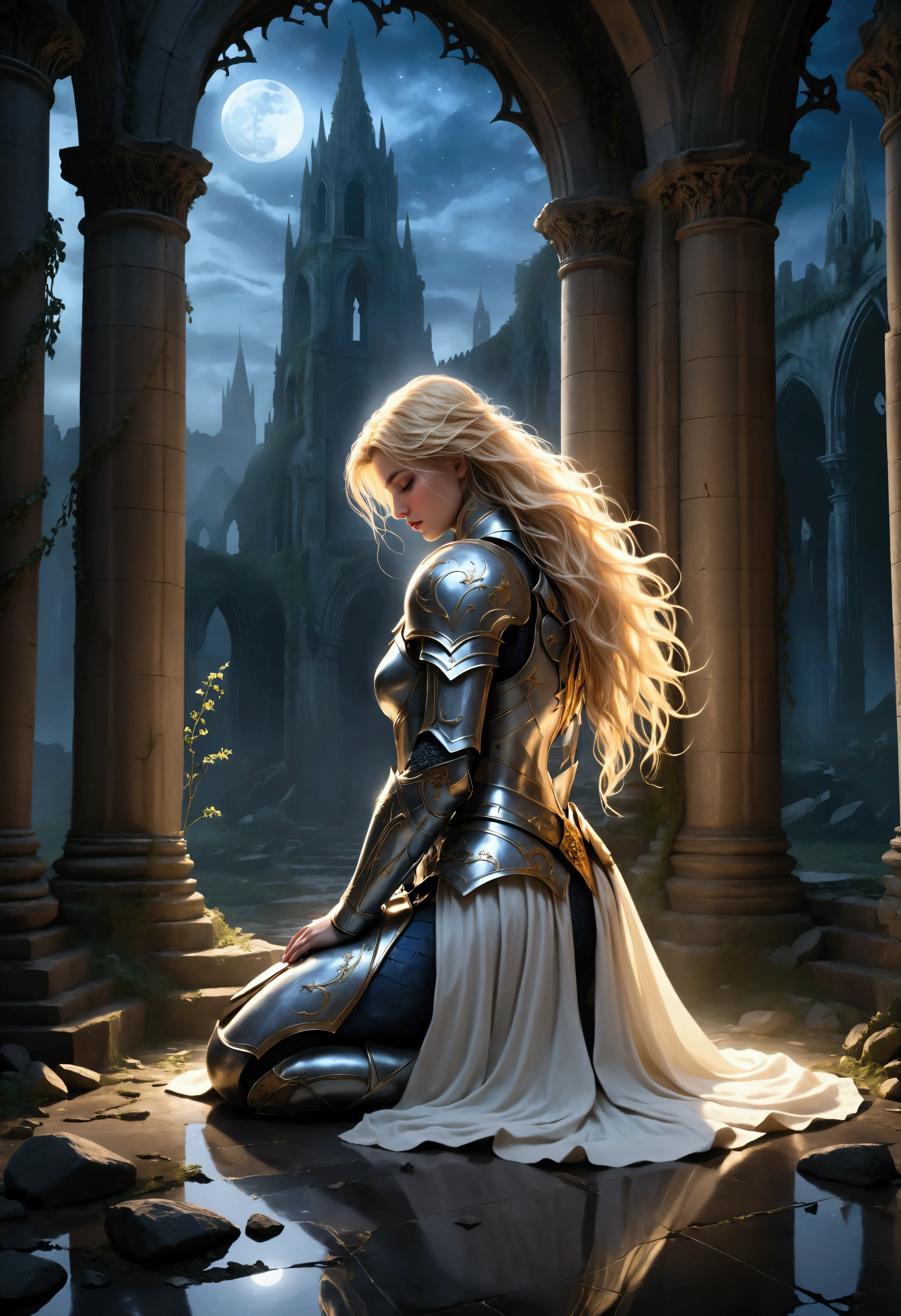 Create a breathtaking, ultra-high-definition image in 16K resolution that captures the ethereal and dark fantasy essence of a solemn confession scene. | Visualize a stunning female paladin with flowing blonde hair and a fair complexion, confessing at the ruins of a chapel bathed in visible moonlight with a Tyndall effect. Each element should be portrayed with meticulous attention to detail. | The paladin, adorned in a beautifully crafted silver and gold armor with intricate engravings, kneels with her head bowed, her expression a mix of sorrow and resolve. Her armor gleams softly in the moonlight, highlighting her strength and grace. She has a flowing white cloak that drapes elegantly around her. | The chapel, now in ruins, shows remnants of its grand arches and shattered stained glass windows, with moonlight streaming through the gaps and creating visible rays (Tyndall effect) that illuminate the scene. The floor is littered with broken stones and overgrown with dark, twisted vines, adding to the dark fantasy atmosphere. | The background features a simple, yet hauntingly magical setting with soft, glowing lights and ethereal mist swirling around. The sky is a gradient of deep blues and blacks, with a full moon casting an eerie glow over the landscape. | The composition should evoke a sense of melancholy and reverence, with vibrant colors and rich details, creating depth and immersion in this dark fantasy world. The image should capture every nuance of the paladin, her armor, and the ruined chapel, highlighting their unique characteristics while maintaining a cohesive and visually stunning presentation. | Keywords: (beautiful paladin:1.3), ((blonde hair)), ((confession)), ((ruined chapel)), ((moonlit Tyndall effect)), ((dark fantasy setting)).
