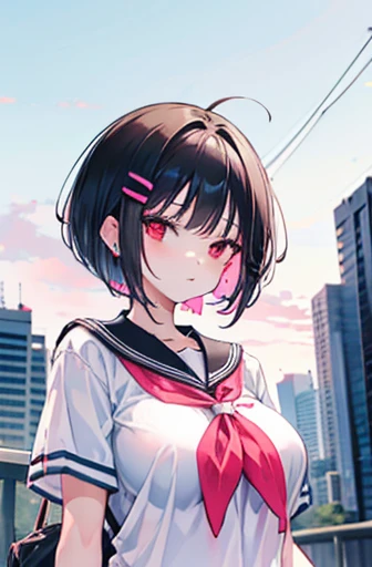 Anime, girl, teenage, hime-cut, short hair, black hair, red eyes, cool, earrings, walking around in the city, highlights pink under hair, big boob, sexy-cute, full-bodied, wearing a school uniform, licking the lollipop, hair clips,
