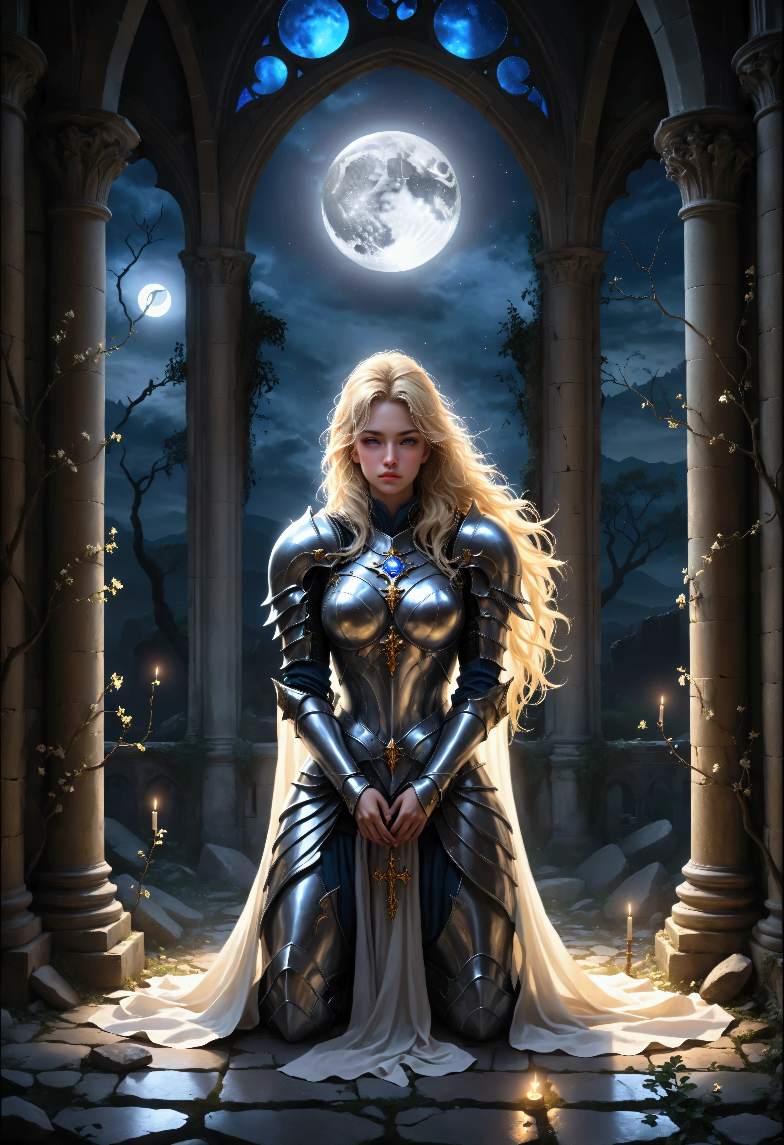 Create a breathtaking, ultra-high-definition image in 16K resolution that captures the ethereal and dark fantasy essence of a solemn confession scene. | Visualize a stunning female paladin with flowing blonde hair and a fair complexion, confessing at the ruins of a chapel bathed in visible moonlight with a Tyndall effect. Each element should be portrayed with meticulous attention to detail. | The paladin, adorned in a beautifully crafted silver and gold armor with intricate engravings, kneels with her head bowed, her expression a mix of sorrow and resolve. Her armor gleams softly in the moonlight, highlighting her strength and grace. She has a flowing white cloak that drapes elegantly around her. | The chapel, now in ruins, shows remnants of its grand arches and shattered stained glass windows, with moonlight streaming through the gaps and creating visible rays (Tyndall effect) that illuminate the scene. The floor is littered with broken stones and overgrown with dark, twisted vines, adding to the dark fantasy atmosphere. | The background features a simple, yet hauntingly magical setting with soft, glowing lights and ethereal mist swirling around. The sky is a gradient of deep blues and blacks, with a full moon casting an eerie glow over the landscape. | The composition should evoke a sense of melancholy and reverence, with vibrant colors and rich details, creating depth and immersion in this dark fantasy world. The image should capture every nuance of the paladin, her armor, and the ruined chapel, highlighting their unique characteristics while maintaining a cohesive and visually stunning presentation. | Keywords: (beautiful paladin:1.3), ((blonde hair)), ((confession)), ((ruined chapel)), ((moonlit Tyndall effect)), ((dark fantasy setting)).
