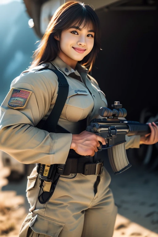 (8K, Raw-Photo, best qualtiy, tmasterpiece:1.2),(realisticlying, photograph realistic:1.4),(Highly detailed CG unity 8k wallpaper),(Round face: 1.5), (detailed pupil:1.3),(Cool Eyes:1.1),(little smile:1.1),(Unforgettable Eyes:1.1),(The eyes are so beautiful:1.1),A young but very beautiful 35-year-old Malay female soldier stands in front of a snowy mountain valley ,K2 rifle in hand,Clothed U.S. Marine Corps Uniform, strong muscles,Marine Girl, assault rifle, (holding rifle: 1.3), (Aim and hold the rifle...: 1.3),navels, glove, Ripped military pants,
