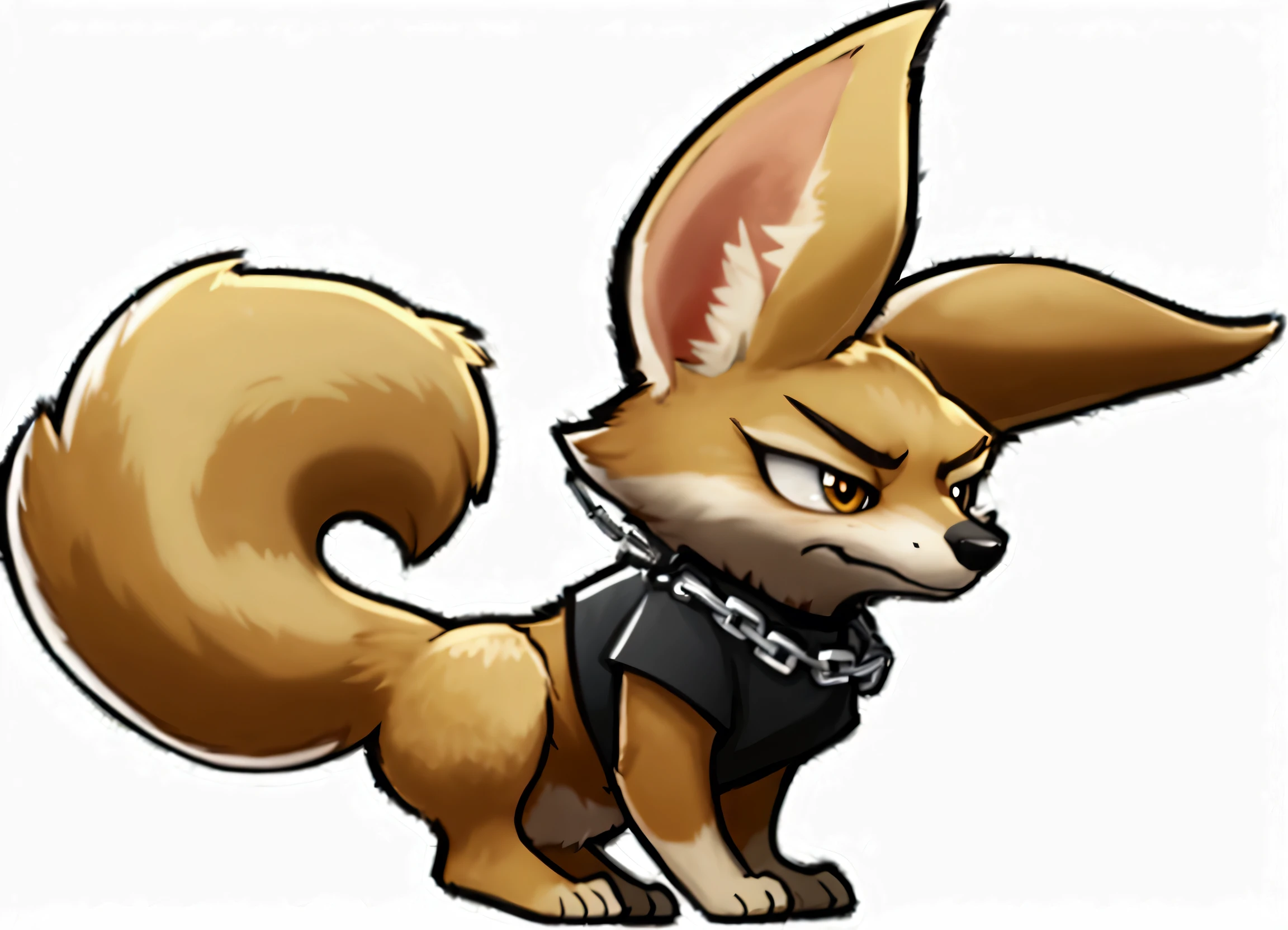 Cartoon fox with a collar around his neck, Big-eared fox ,Fluffy tail，hairy,sideways，Wear a black T-shirt，With a silver necklace，Punk necklace， Disney style hair, Cunning eyes, hairy，ue5 render，3D Rendering，Cartoon Style，Comic Style，Thick coating style，Large color blocks，more details，Details