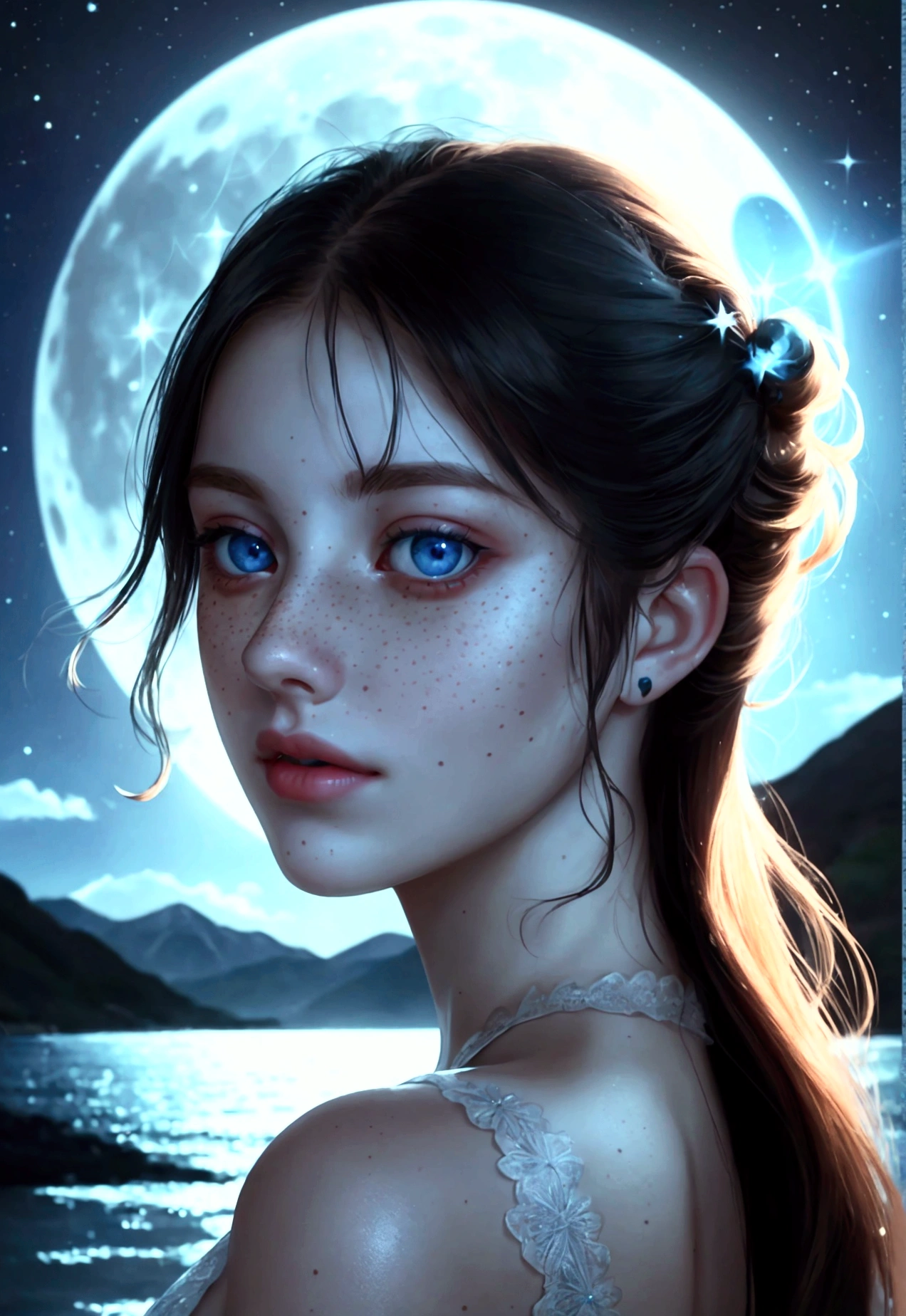 (realistic, masterpiece, best quality), (Delicate and detailed blue eyes, nose, Lips, freckles, One 20-year-old young woman with beautiful features_in front of the background (whole body) Selfie shooting), Subtle facial expressions, black night sky with shining stars, A huge moon shining behind the mountains, moon, Blue Moon, A quiet lake reflects the moonlight_Detailed and meticulous details:1.2, sunset, realistic scene, Detail, photorealism, 8K masterpiece, best quality, Sharp resolution,