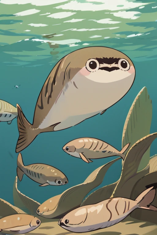 Anime Style、puffer fish、fish、No background、1 fish、cute、smile