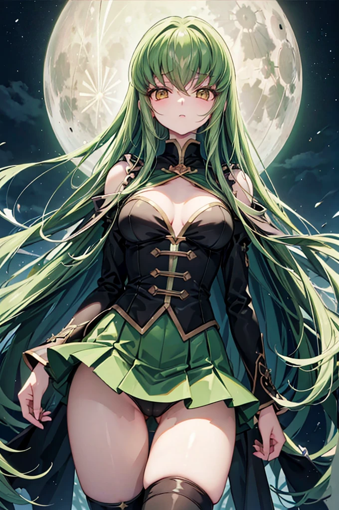 C.C、Code Geass、Green Hair、Long Hair、((Thigh-high socks))、Photo from below、Medium chest、full moon、((Black Knights Clothing))、mini skirt、Have a skirt