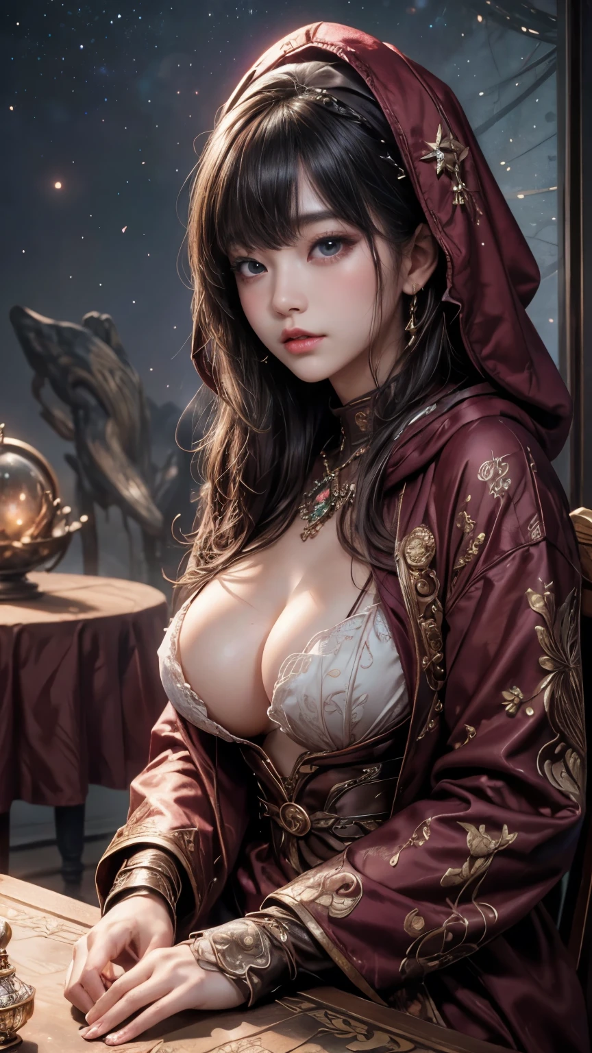 (highest qualityのディテール)、Realistic、8K Ultra HD、High resolution、(One Girl:1.2),(Fatal Beauty,Attractive beauty) ,(A supple and powerful physique),(Sensual charm),(mysteriousな魅力:1.1),(Captivating silhouette),The Super detailed、High quality textures、複雑なdetailed、detailed、Very detailed CG、High quality shadows、detailed Beautiful and delicate face、detailed Beautiful and delicate eyes、Written boundary depth、Ray Tracing、20th Generation、Cute K-Pop Girls、(The Face of Ulzan in Korea)、Thin face、(Urzan-6500-v1.1:0.6)、PurerosFace_v1、Glowing Eyes、Perfect body、 Viewer Display、(highest qualityのディテール:1.2)、Realistic、8K Ultra HD、High resolution、Close-up of a woman， realistic girl rendering, 8k artistic german bokeh, Enchanting girl, Real Girls, Gurwitz, Gurwitz-style artwork, Girl Roleplay, Realistic 3D style, cgstation Popular Topics,, 8K Portrait Rendering,（truth，truth：1.4），(Sparkling eyes girl:1.2)、cheek、Glossy Lips、Big Breasts、High resolution, Best image quality, highest quality, Realistic, Super detailed, Realistic, 4K 8K Ultra HD Full Color RAW Photos, Fujifilm(Medium format), Hasselblad, Carl Zeiss, Incredible dynamic range photography(utility_art：Smooth-768:1.1),High resolution, High pixel count, Clear detailed, Clear images, Natural color reproduction, Noise Reduction, High fidelity, quality, Software Improvements, Upscaling, Optimized Algorithms, Professional-level retouching, Browsing Caution、(((Too much exposed skin)))、(((Big Breasts)))、fortune teller、astrologer、(((A magnificent starry sky in the background)))、(((It has a hood、A burgundy robe intricately decorated with beautiful details)))、((Horoscope))、(((fortune teller)))、Long black hair、((Blunt bangs))、Cowboy Shot、(((Please hold your hand over the crystal ball on the table...)))、Fancy Necklace、Lace gloves、Bright Blue Eyes, Surrounded by swirling pink smoke,  saturated color、Dark colors、Psychedelic Images、lsd、Mandala、fractal、mysterious、detailed、Psychedelic painting of a woman with large breasts, サイケデリックなgoddess, DMT Art, DMTgoddess, Visionary artistic style, Psychedelic Art style, ３ｄ, goddess, Portraiture, Psychedelic Art nouveau, Psychic Trance Artwork, Psychedelic Digital Art, Digital Visionary Art, Psychedelic Art, Psychedelic Surreal Art, Psychedelic Artwork, 非常にdetailedなテクニカラー, 超detailedなファンタジーアート、(nightmare:1.6),