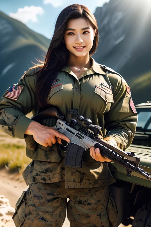 (8K, Raw-Photo, best qualtiy, tmasterpiece:1.2),(realisticlying, photograph realistic:1.4),(Highly detailed CG unity 8k wallpaper),(Round face: 1.5), (detailed pupil:1.3),(Cool Eyes:1.1),(little smile:1.1),(Unforgettable Eyes:1.1),(The eyes are so beautiful:1.1),A young but very beautiful 35-year-old Malay female soldier stands in front of a snowy mountain valley ,K2 rifle in hand,Clothed U.S. Marine Corps Uniform, strong muscles,Marine Girl, assault rifle, (holding rifle: 1.3), (Aim and hold the rifle...: 1.3),navels, glove, Ripped military pants,