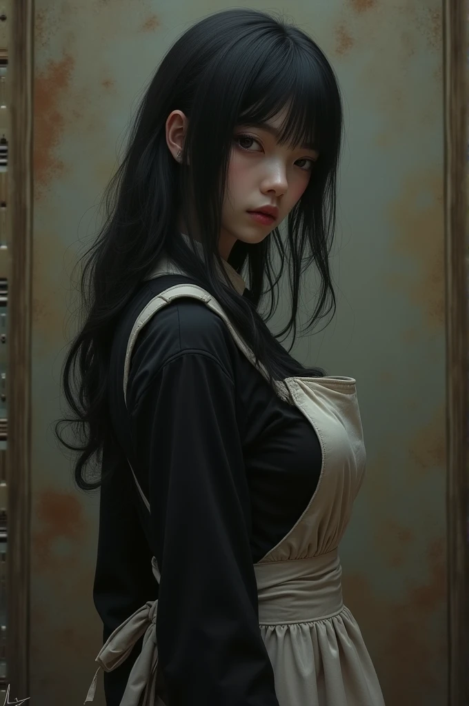 (((take it from behind))),((masterpiece, Best Quality)), (1 girl), (lonely), (women&#39;approach), evening (chainsaw man),(Very rich facial details., real images, realistic white skin, realistic body, intricate details), ((Whole body)), Serious , Brown eyes, Looking at the audience, bandage over the body, black fur, long-sleeve shirt, Apron dress, black tie, bandage, bandage, small breasts, (((take it from behind))), (((great ass)))