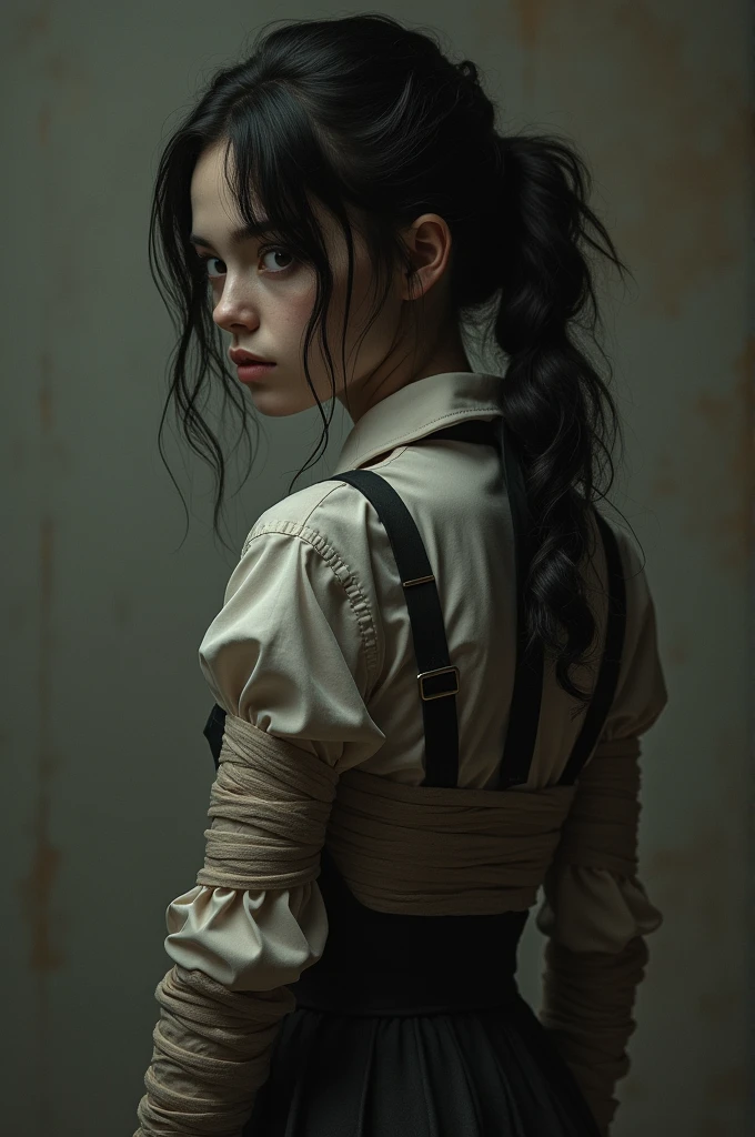 (((take it from behind))),((masterpiece, Best Quality)), (1 girl), (lonely), (women'approach), evening (chainsaw man),(Very rich facial details., real images, realistic white skin, realistic body, intricate details), ((Whole body)), Serious , Brown eyes, Looking at the audience, bandage over the body, black fur, long-sleeve shirt, Apron dress, black tie, bandage, bandage, small breasts, (((take it from behind))), (((great ass)))