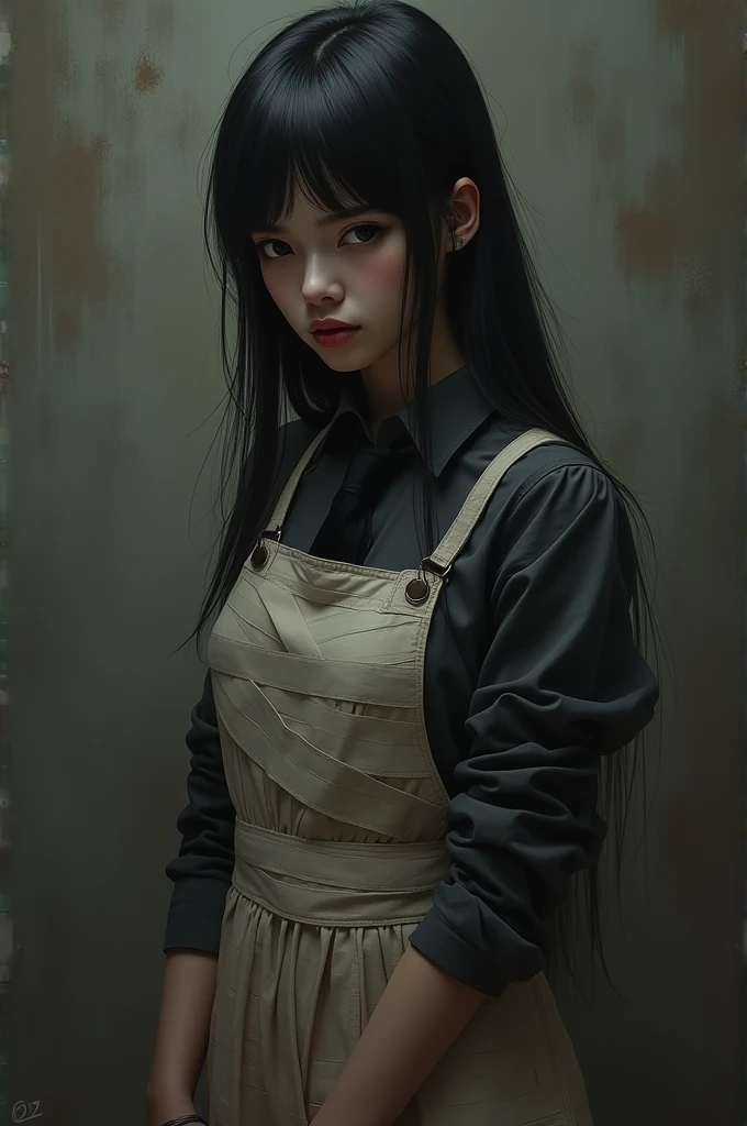 (((take it from behind))),((masterpiece, Best Quality)), (1 girl), (lonely), (women'approach), evening (chainsaw man),(Very rich facial details., real images, realistic white skin, realistic body, intricate details), ((Whole body)), Serious , Brown eyes, Looking at the audience, bandage over the body, black fur, long-sleeve shirt, Apron dress, black tie, bandage, bandage, small breasts, (((take it from behind))), (((great ass)))