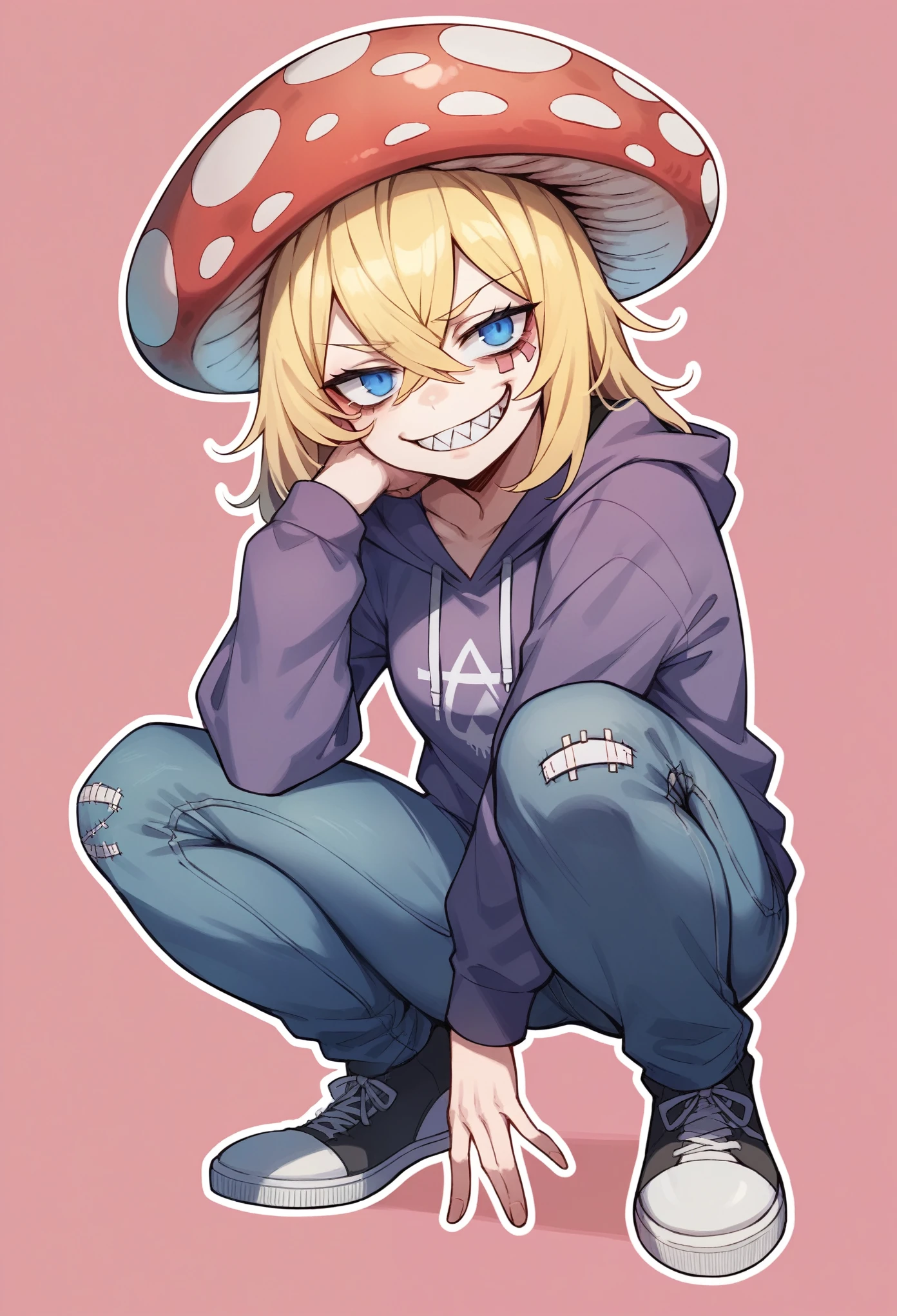 1 girl, solo,pink background, blonde hair, crossed bangs, blue eyes, tired, anime artstyle, white outline, large red mushroom on head, mushroom girl, purple hoodie, hand in pockest,sharp teeth,smirk, slight grin,patchwork stitching background,squatting,destressed jeans