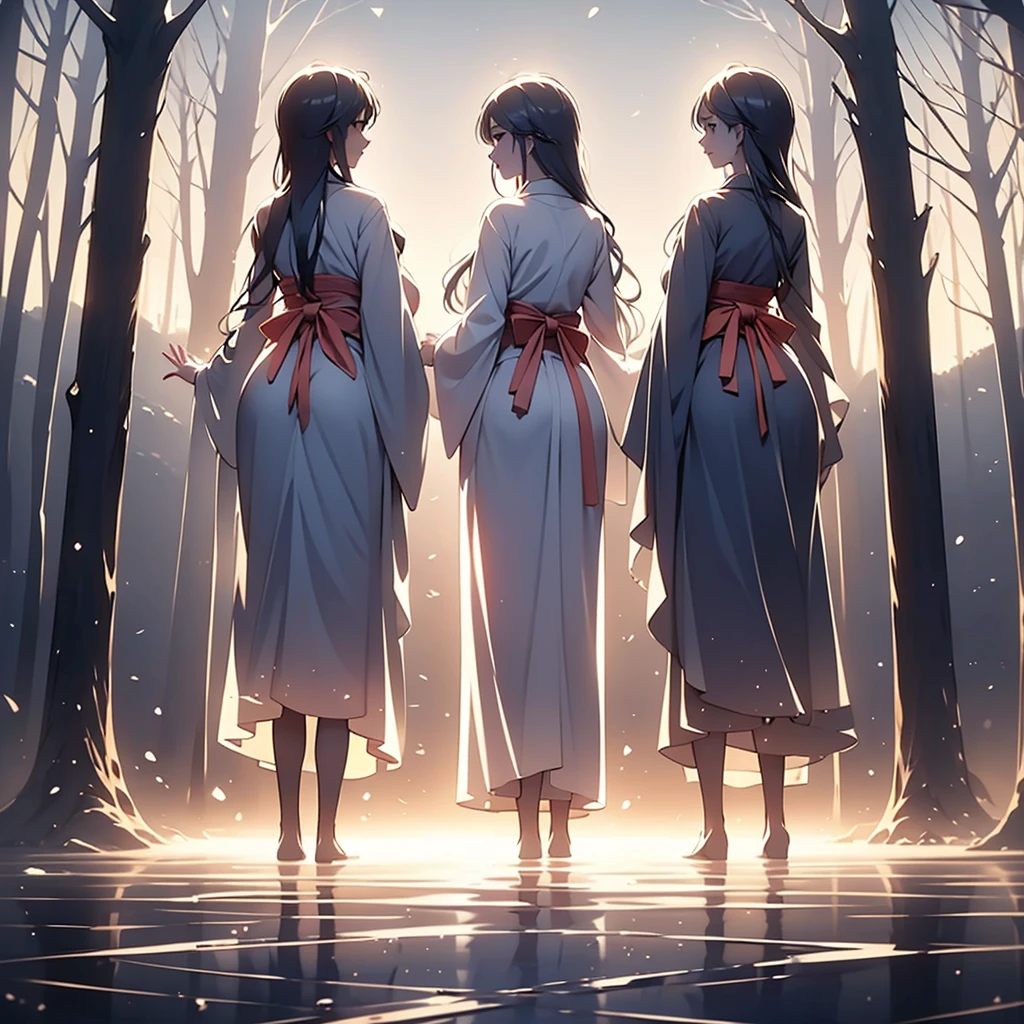 ((Highest quality)), ((masterpiece))、Small breasts are justice、(The morning sun shines in、Delicate and beautiful)、(A shrine in the mountains shrouded in early morning mist) (background(View from the mountain、You can see the lake at the foot of the mountain and the town and forest that spread out along its shores.、I can see the ocean in the distance))、 ((prospect(The morning sun shines through, creating a mysterious beauty)、２people、woman(Long grey hair mixed with white hair、Hair hanging down the back and tied up around the waist、Grey Eyes、A dignified atmosphere、Shrine maiden姿)、Girl (Blue and silver long hair、Hair hanging down the back and tied up around the waist、Blue-green eyes、Lively、Shrine maiden姿)、Shrine maiden、Shrine maiden服、practice、Uplifting、guide