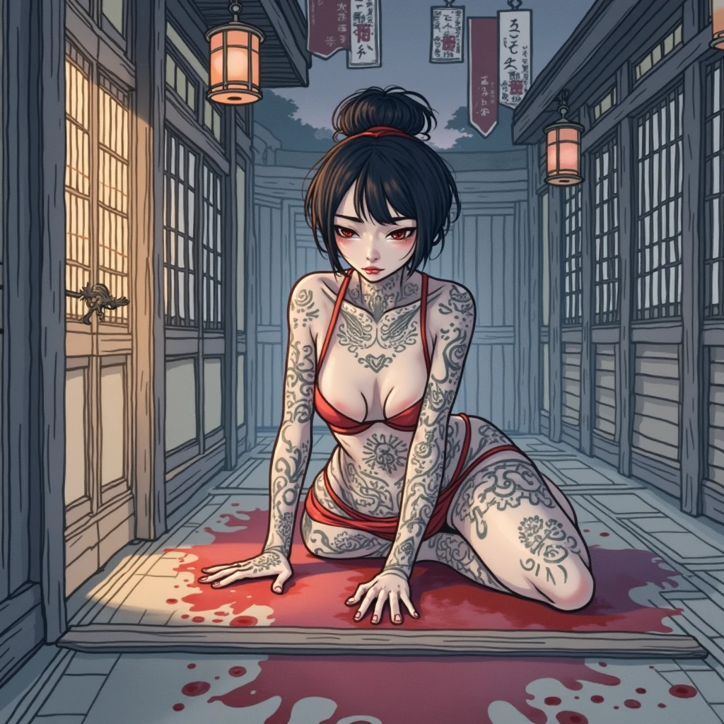 Watercolor painting without outlines, delicate watercolor painting that seems about to crumble. Yoshiwara, red-light district, courtesan, tattoos, slender, 16 years old, watercolor painting, vibrant saturation, omitting outlines, numerous tattoos, full back tattoo, thigh tattoos, sad expression, unfortunate, red eyes, lowered gaze, plump cheeks, innocent, girl, Japanese, 170 centimeters tall, 25 kilograms in weight, fair skin.Wooden Architecture: Brothel buildings were constructed using wood and incorporated traditional Japanese architectural styles. Roofs were commonly covered with tiles, and they featured the traditional roof shapes of Japan. Grand Entrances: The entrances of these buildings were elaborately decorated, often adorned with lavish embellishments. Lanterns and banners were used to attract attention to the establishment. Lattice Doors and Shoji Screens: Windows and doors were fitted with lattice doors and shoji screens, making it difficult to see inside from outside. This design ensured privacy and discretion. Interior Design: The interiors of the buildings were opulently adorned. The individual rooms for clients were partitioned with tatami-covered floors and shoji screens, featuring a characteristic Japanese-style decor. Gardens: Some brothels included small gardens where clients and courtesans could enjoy peaceful moments together. Signs and Curtains: Signs and curtains with the brothel's name and business information were hung outside the building. These helped passersby and customers identify the establishment. Please note that the historical context and cultural practices surrounding brothels have evolved over time, and the translation provided is based on the provided information.Blood puddle - Horror - Tatami mat soaked in blood stains - Night - Sorrowful expression - Lowered gaze - Pale-colored eyes."Grisly with Blood - Ukiyo-e - Blood - Tattoo - Woman with Tattoos - Full-body Tattoos - Yokai - Horror - Scary - Eerie - Creepy - Fear."s