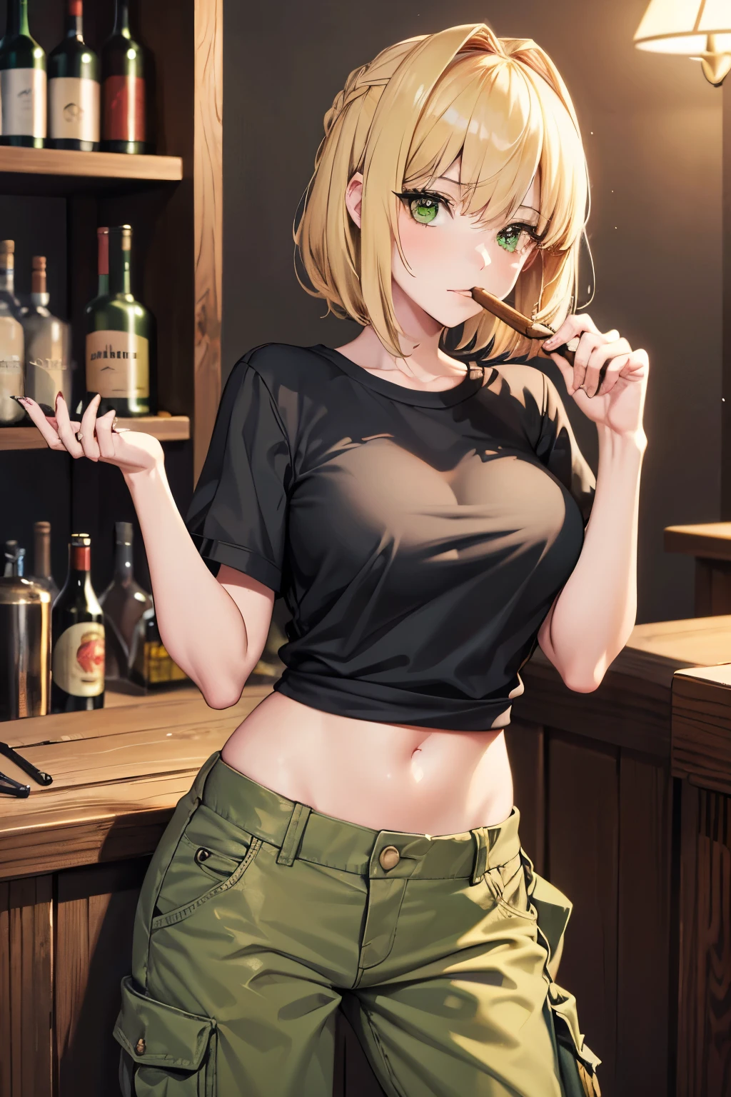 German ,upper class cute type beautiful woman who has lost him spouse by death and has not remarried. tinged with sadness,36 years old, Blonde,wolf cut,short hair,green eyes, anime style,a face with darkness in its heart, ring on left hand ring finger,1960,widow,she own a bar as a hobby,T-shirt and cargo pants, The background is the bar's liquor cabinet,Smokeing a cigar