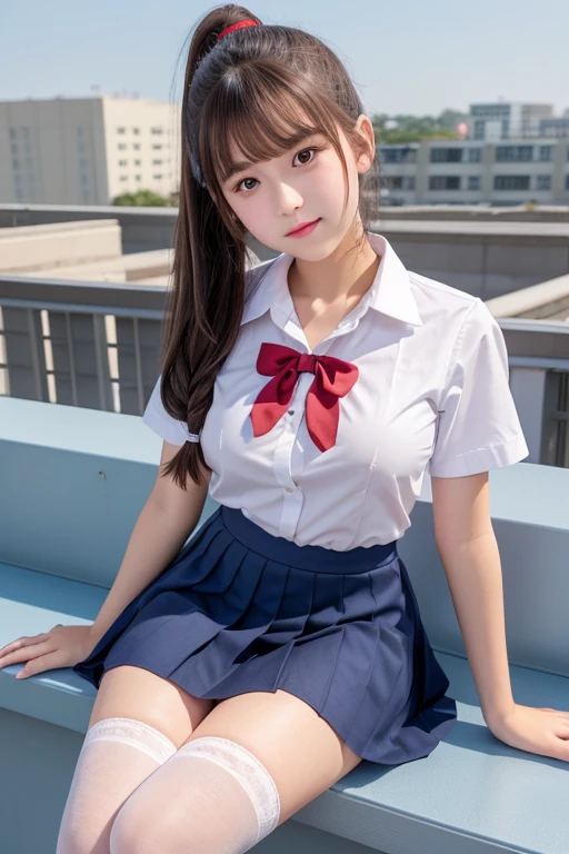 Real、Highest quality、cute、girl、high school student、ponytail、Brown Hair、Beautiful eyes、Beautiful Lips、School rooftop、Navy blue pleated skirt、White shirt、Red bow tie、Navy blue knee socks、Slightly larger breasts、Hands in my pants、looks comfortable