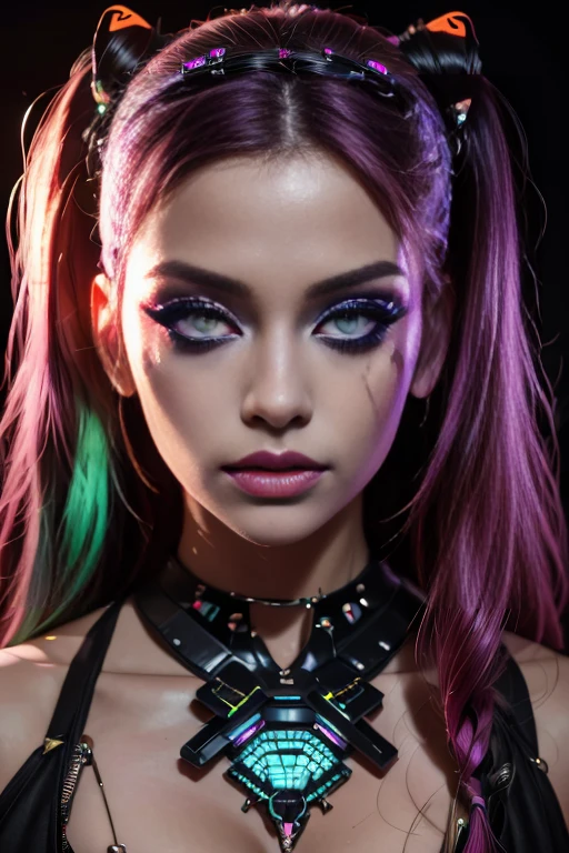 a beautiful young girl, cybergoth style, sensual pose, party outfit, detailed facial features, intricate makeup, neon lights, glowing neon accents, cinematic lighting, hyper-realistic, 8k, photorealistic, masterpiece, award-winning digital art