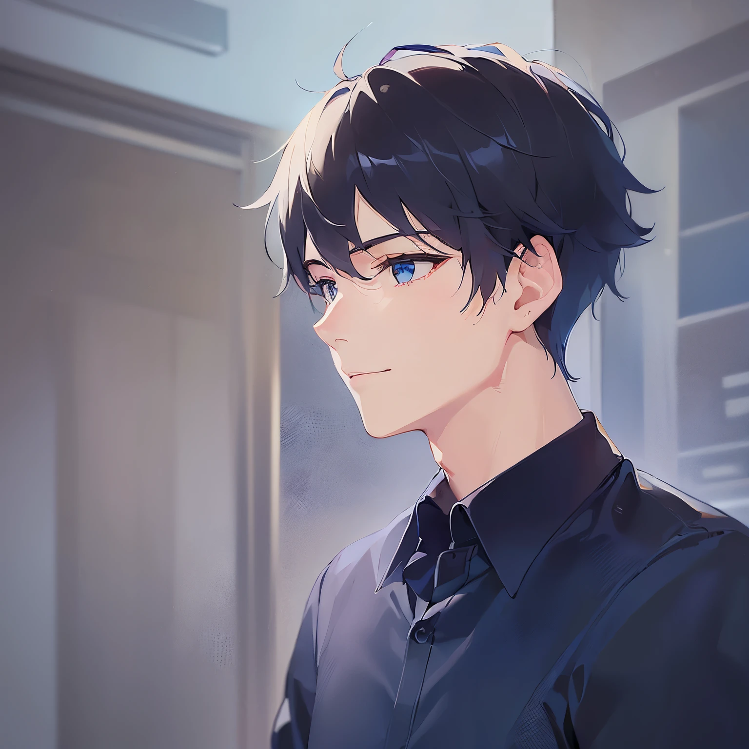 (looking away:1.5),upper body、Side shot、cheek rest,
shiny skin, masterpiece、Highest quality、
(25-year-old male:1.5) and (Black short hair) and (blue eyes), 
(navy collared shirt) 
smile,The background is the classroom、blue sky