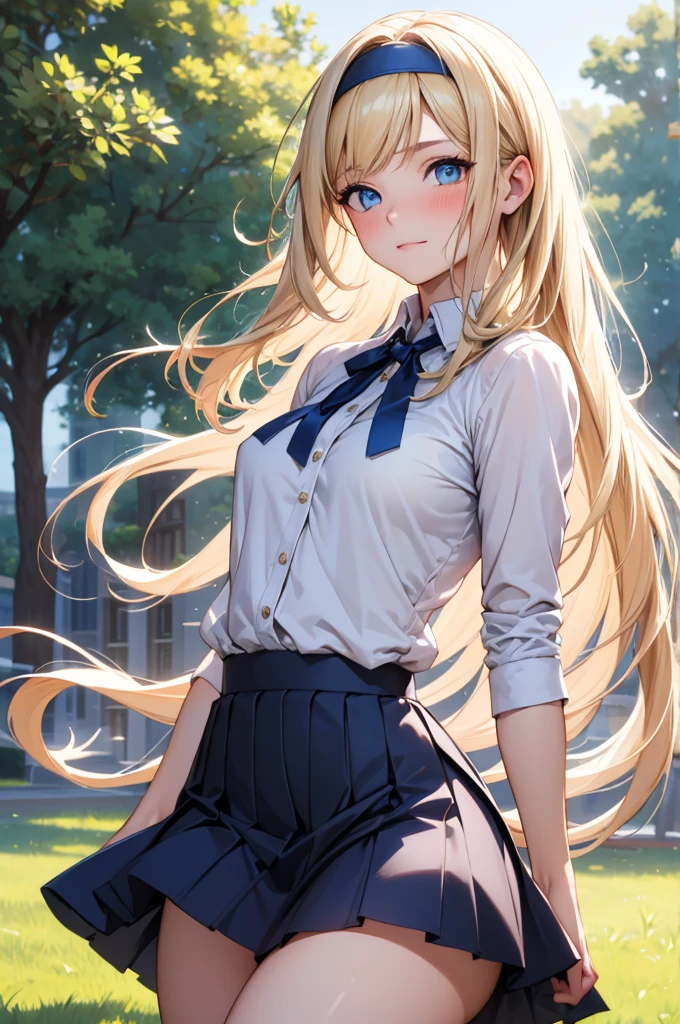 Highly detailed, high quality, masterpiece, beautiful, (all photographic shot), girl student girl, perfect eyes, blue eyes, light eyes, blushing face, happy face, big thighs, with headband, medium chest, long hair, blonde hair, sexy, short skirt, shows full panties, half-naked, background image in the park