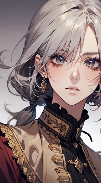 A beautiful detailed anime portrait of a woman with grey hair wearing an orange blouse, exquisite face, stunning character painting, lovely anime portrait, her image rendered in red ink, with an impressive effect, highly detailed, feminine facial features and clothing, creamy dripping effect on the face making it vivid, the woman wears a lovely detailed outfit with light grey hair, accurate proportions, traditionally dressed female character with classic charm