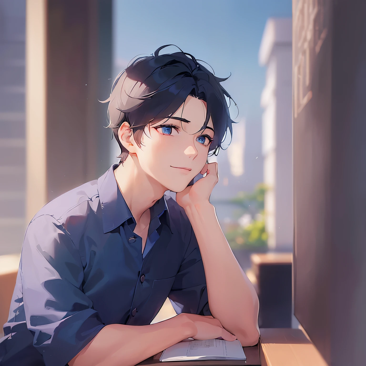 (looking away:1.5),upper body、Side shot、cheek rest,
shiny skin, masterpiece、Highest quality、
(25-year-old male:1.5) and (Black short hair) and (blue eyes), 
(navy collared shirt) 
smile,The background is the classroom、blue sky