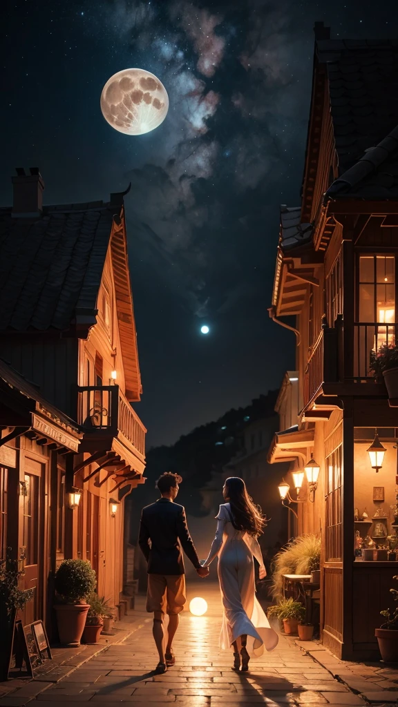 high resolution、High quality、Romantic and fantastical scene、Night beach and full moon、Male and female characters holding hands