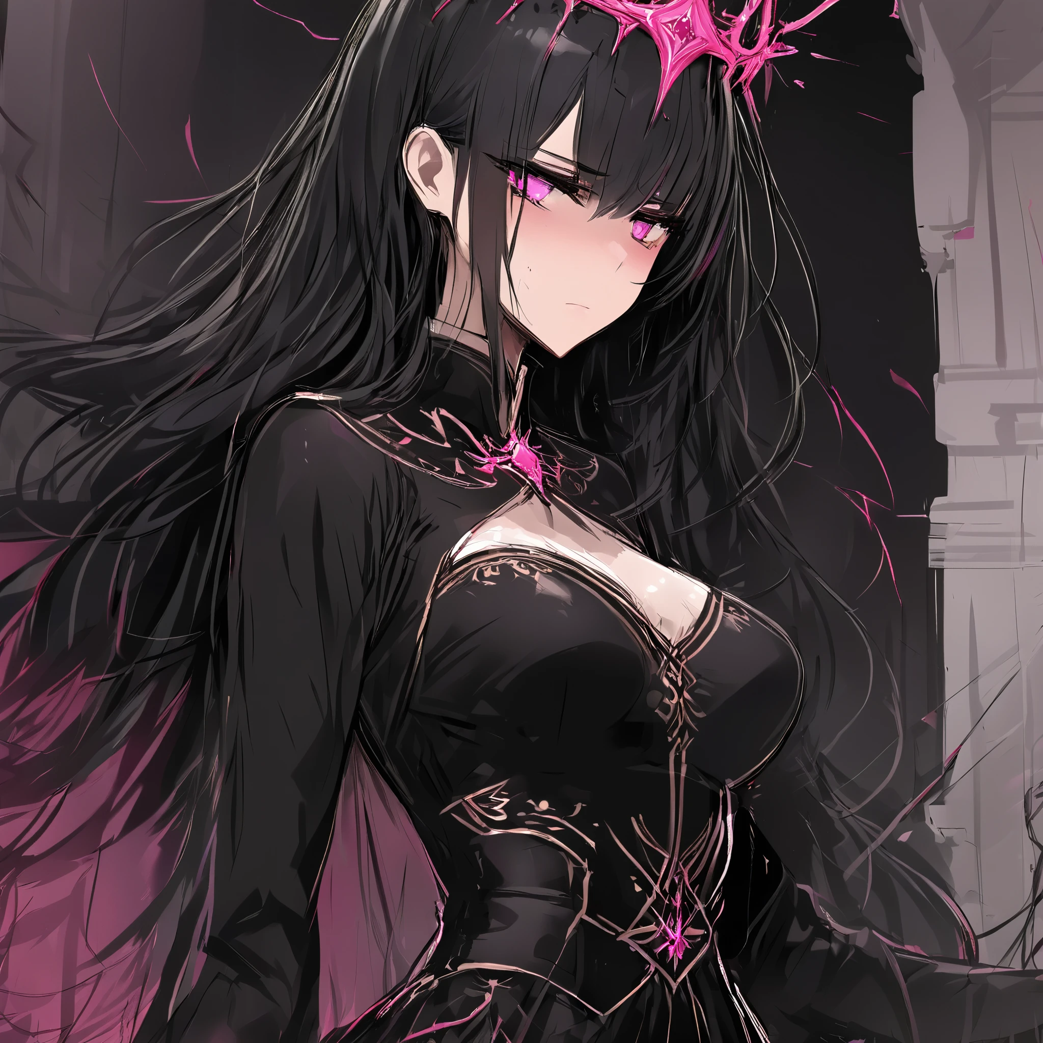 Masterpiece, Very detailed, Ultra-detailed, one tall beautiful woman, Masterpiece, Very detailed, Ultra-detailed, turning, long lovely black hair, bright pink eyes, long black dress, black bloody thorn crown, exhausted and somber look, sketch