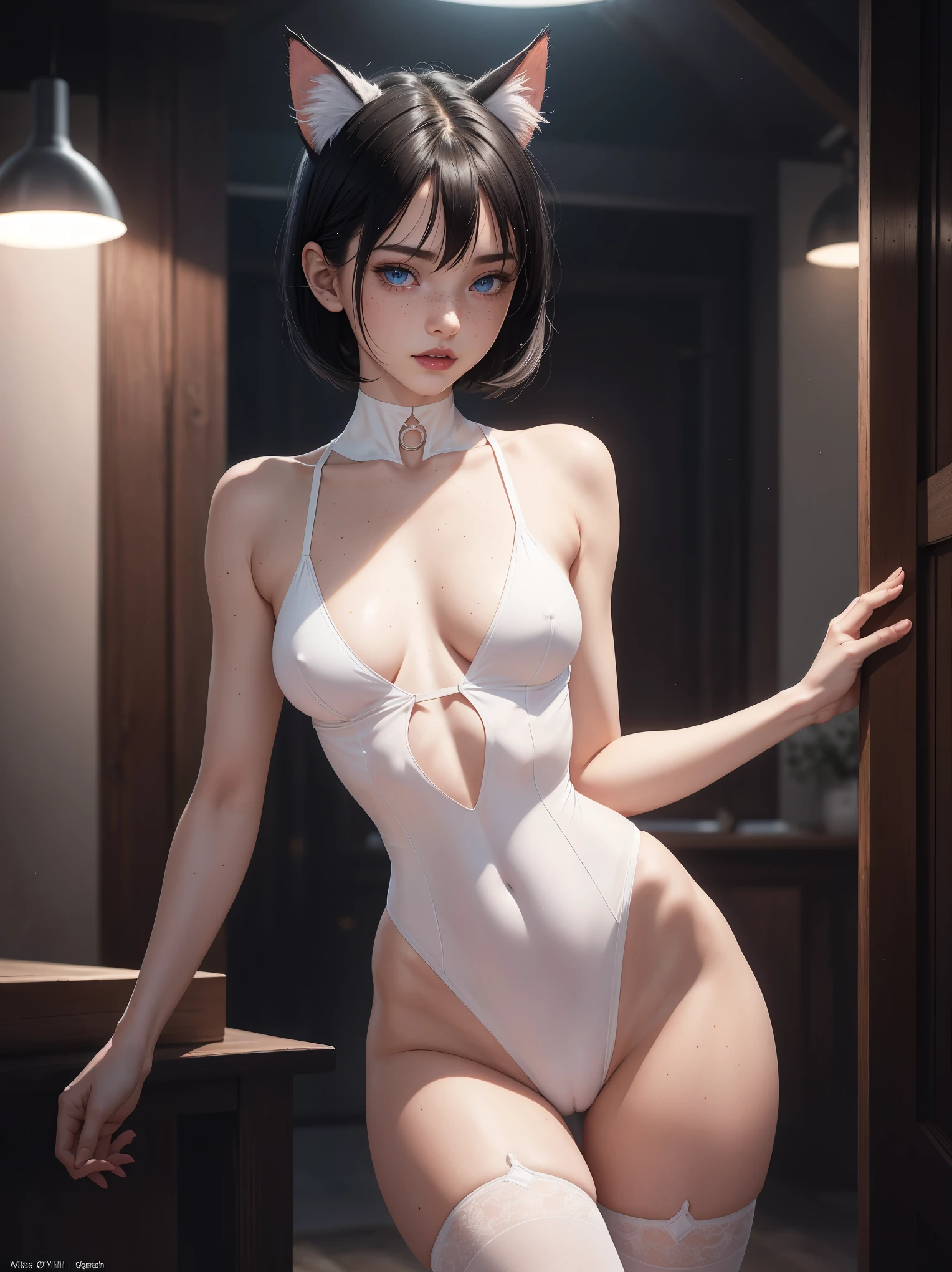 (whole body:1.5),octane rendering, 8K, best quality, masterpiece, illustration, extremely delicate and beautiful, detailed,extremely detailed,CG,Unite,wallpaper,Astonishing, fine details, realistic art: 1.2 ,masterpiece, best quality, official art, extremely detailed CG Unite 8K wallpaper,1 girl, , standing, in a fancy club, vaulted roof,,wearing white one piece leotard and stockings and cat ears and tail, at night, skinny body, seductive facial expression,, wide open eyes, ice blue eyes, short black hair, red lipstick, blushing,pretty symetrical face, shiny wet skin, oiled skin, white skin, lots of freckles, pale complexion, thin waist, narrow hips, long legs, skinny body, small breasts, , Realistic photos, (hiqcgbody) ,perfect female figure,