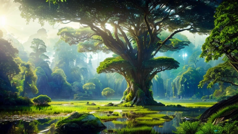 Hyperrealistic illustrations , Otherworldly, Ultra-aerial scene featuring the entire body of a giant crystal tree,Highly detailed and magical lighting, Intricate forest details, Surrounding vegetation and river, Solarpunk ,landscape, Giant Tree, Beautiful foliage with beautiful lighting and realistic proportions, Like a movie background, 8k, Highest quality, masterpiece, Sky with clouds and stars.