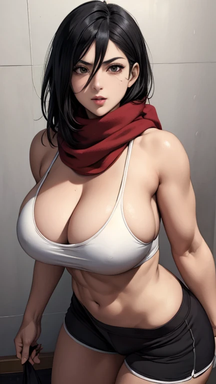(best quality, masterpiece), Mikasa Ackerman, black hair,  solo , red scarf, boxing, in ring, sports bra, standing, big breasts, cleavage, shorts, sweat  looking_at_viewer