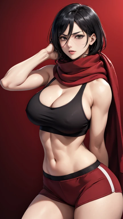 (best quality, masterpiece), Mikasa Ackerman, black hair, solo , red scarf, boxing, in ring, sports bra, standing, big breasts, cleavage, shorts, sweat looking_at_viewer