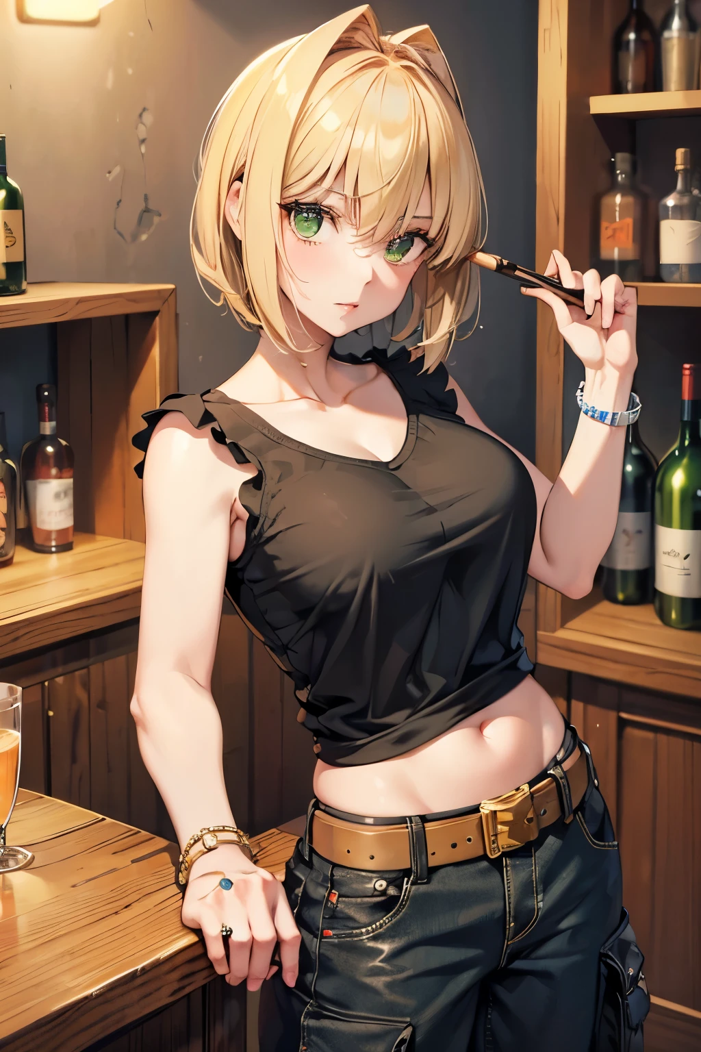 German ,upper class cute type beautiful woman who has lost him spouse by death and has not remarried. tinged with sadness,36 years old, Blonde,wolf cut,short hair,green eyes, anime style,a face with darkness in its heart, ring on left hand ring finger,1960,widow,she own a bar as a hobby,T-shirt and cargo pants, The background is the bar's liquor cabinet,Smokeing a cigar