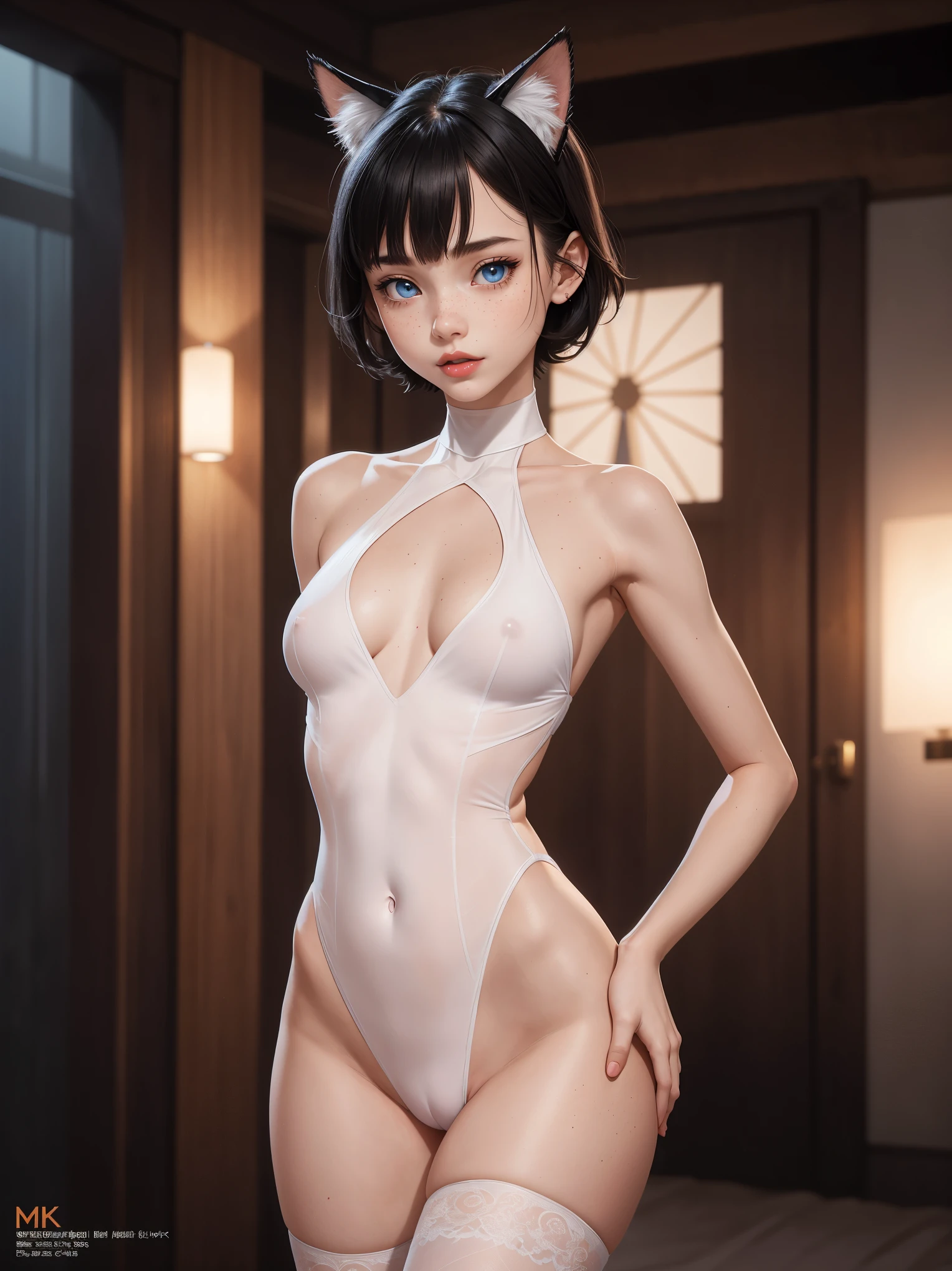 (whole body:1.5),octane rendering, 8K, best quality, masterpiece, illustration, extremely delicate and beautiful, detailed,extremely detailed,CG,Unite,wallpaper,Astonishing, fine details, realistic art: 1.2 ,masterpiece, best quality, official art, extremely detailed CG Unite 8K wallpaper,1 girl, s old, standing, in a fancy club, vaulted roof,,wearing white one piece leotard and stockings and cat ears and tail, at night, skinny body, seductive facial expression,, wide open eyes, ice blue eyes, short black hair, red lipstick, blushing,pretty symetrical face, shiny wet skin, oiled skin, white skin, lots of freckles, pale complexion, thin waist, narrow hips, long legs, skinny body, small breasts, , Realistic photos, (hiqcgbody) ,perfect female figure,