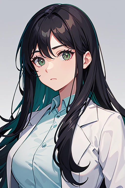 40 year old female doctor, wearing medical uniform, long black hair, doctor's clothing, white coat, green blouse, white pants, looking directly at viewer, white background.