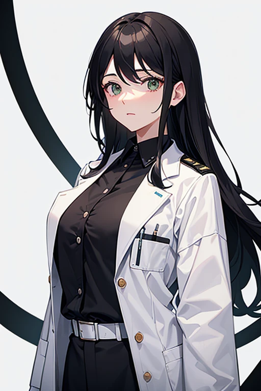 40 year old female doctor, wearing medical uniform, long black hair, doctor's clothing, white coat, green blouse, white pants, looking directly at viewer, white background.