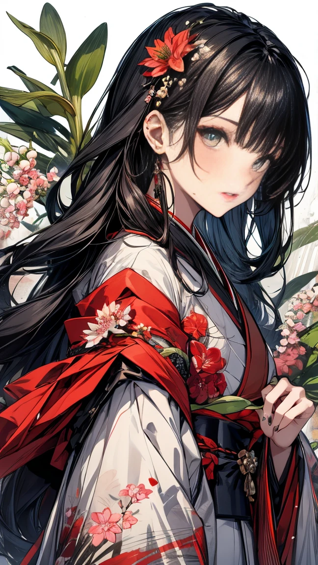 A woman with black hair, a green eye and a red eye, pale skin, and freckled cheeks wearing a black kimono with cherry blossom and a red obi. She also has a green lily of the valley in her hair