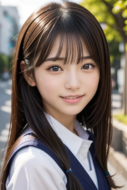 ((Cute 15 year old Japanese))、on the road、Highly detailed face、Pay attention to the details、double eyelid、Beautiful thin nose、Sharp focus:1.2、Beautiful woman:1.4、Cute Hairstyles、Pure white skin、Highest quality、masterpiece、Ultra-high resolution、(Realistic:1.4)、Highly detailed and professional lighting、nice smile、Japanese school girl uniform


