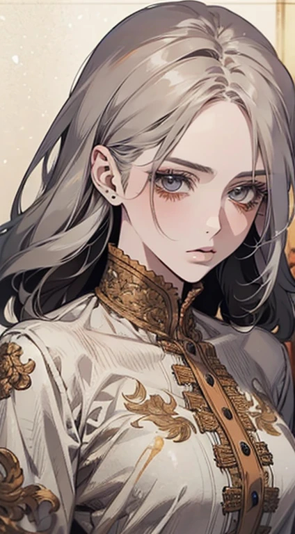 beautiful detailed anime portrait of a woman with grey hair wearing an orange blouse, exquisite face, stunning character painting, lovely anime portrait, her image rendered in red ink, with an impressive effect, highly detailed, feminine facial features and clothing, creamy dripping effect on the face making it vivid, the woman wears a lovely detailed outfit with light grey hair, accurate proportions, traditionally dressed female character with classic charm