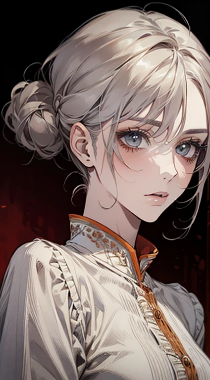 beautiful detailed anime portrait of a woman with grey hair wearing an orange blouse, exquisite face, stunning character painting, lovely anime portrait, her image rendered in red ink, with an impressive effect, highly detailed, feminine facial features and clothing, creamy dripping effect on the face making it vivid, the woman wears a lovely detailed outfit with light grey hair, accurate proportions, traditionally dressed female character with classic charm