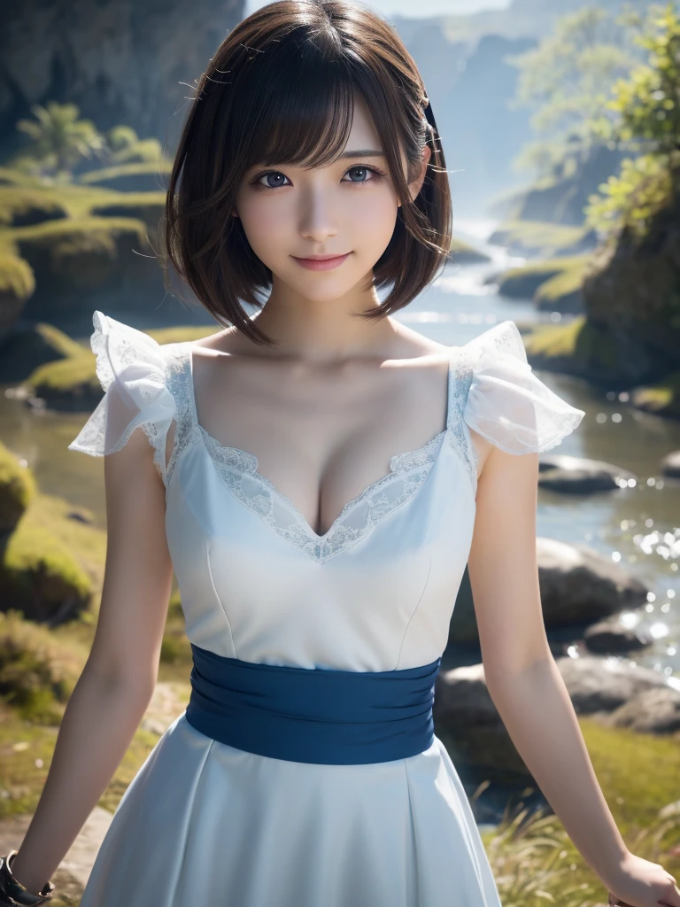 フェイスクローズアップ,beautiful detailed eyes, droppy eyes,beautiful detailed lips, extremely detailed eyes and face, long eyelashes, 1japanese girl, fantasy character, (Final Fantasy, yuuna),smile,short hair,elegant white dress,break, blue long skirt,break,magical girl, highly detailed, fantasy landscape, dramatic lighting, glowing effects, mist, intricate details, volumetric lighting, cinematic composition, hyper realistic, 8k, best quality, masterpiece, photorealistic,Highres fix